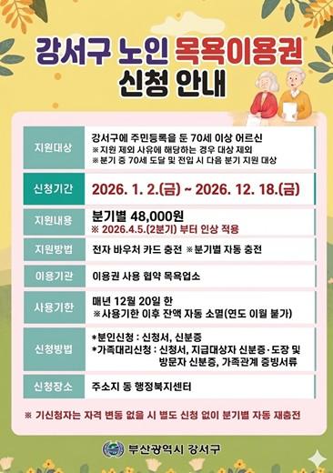 부산 강서구, 노인 목욕이용권 지원금 확대…분기별 4만8천 원 지급 기사 이미지