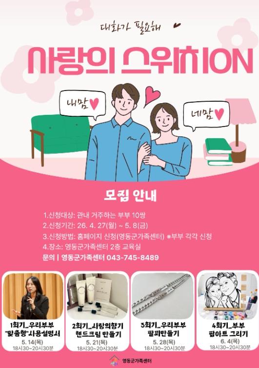 영동군, 부부 소통 프로그램 ‘사랑의 스위치 ON’ 참여자 모집 기사 이미지