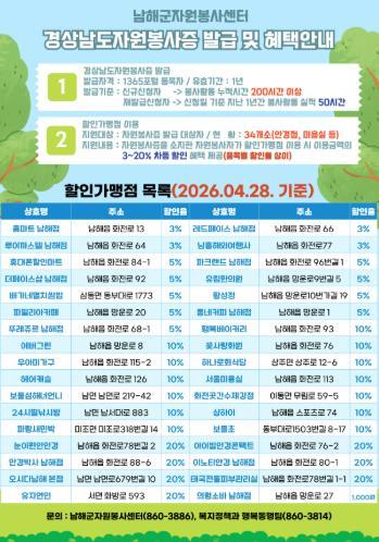 남해군자원봉사센터, ‘할인가맹점 10개소’ 추가 기사 이미지
