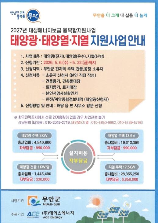 무안군, 2027년 재생에너지 융복합지원사업 신청 접수
