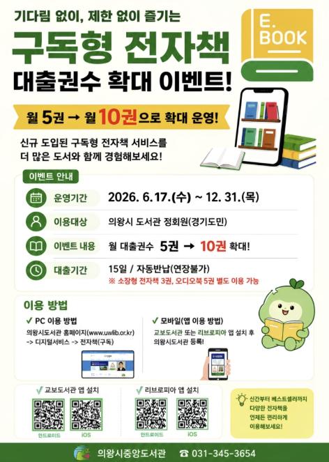 의왕시, 구독형 전자책 대출 권수 확대 운영 기사 이미지
