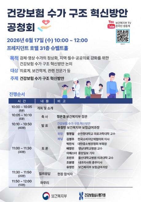 보건복지부, 지역·필수의료 보상 높이고 검사수가 합리화한다 '건강보험 수가구조 혁신 공청회' 개최 기사 이미지