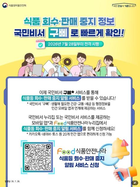 식품의약품안전처, 식품 회수·판매 중지 정보, 국민비서 '구삐'로 빠르게 확인! 기사 이미지