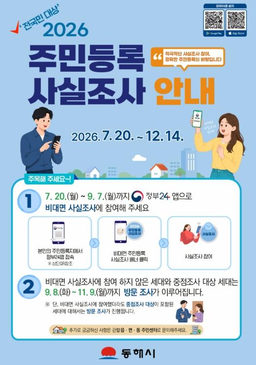 동해시, 주민등록 사실조사 참여 당부…정부24로 비대면 가능 기사 이미지