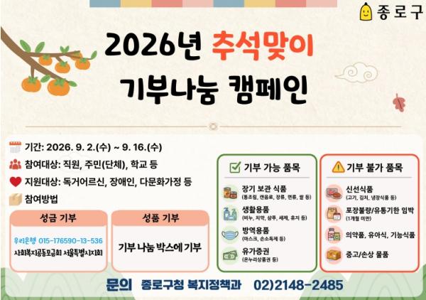 종로구, 추석 앞두고 기부 캠페인… 16일까지 이웃사랑 릴레이 기사 이미지