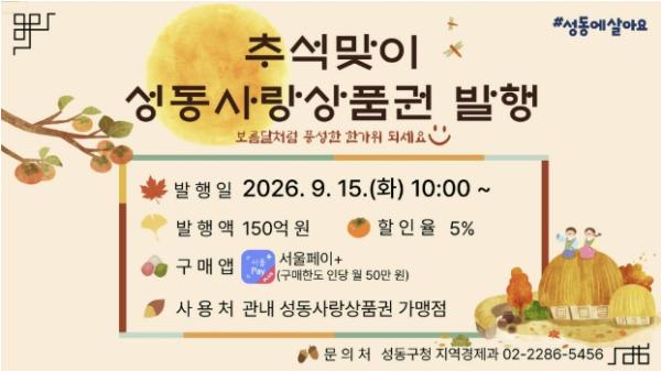 성동구, 추석맞이 '성동사랑상품권' 150억 원 발행 기사 이미지