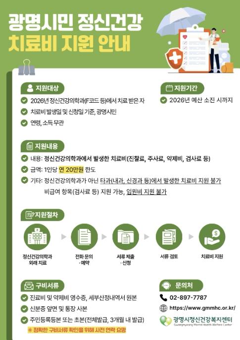 '치료비 걱정 덜고 마음부터 돌보세요' 광명시, 정신건강 치료비 1인당 20만 원 지원 기사 이미지