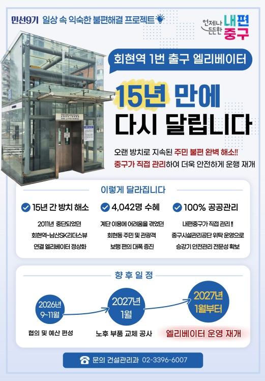 15년째 멈춘 회현역 엘리베이터 '익숙한 불편' 끝낸다… 서울 중구, 내년 초 재가동 기사 이미지