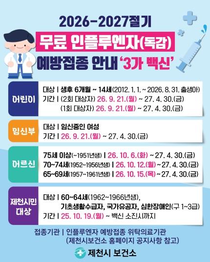 제천시, 이른 인플루엔자 유행에 대응해 어린이와 어르신 국가예방접종 앞당긴다 기사 이미지
