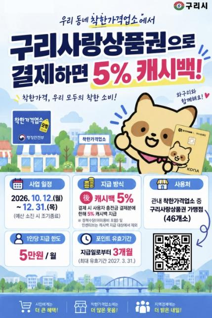 구리시, 착한가격업소에서 구리사랑상품권 결제하면 5% 추가 환급 기사 이미지