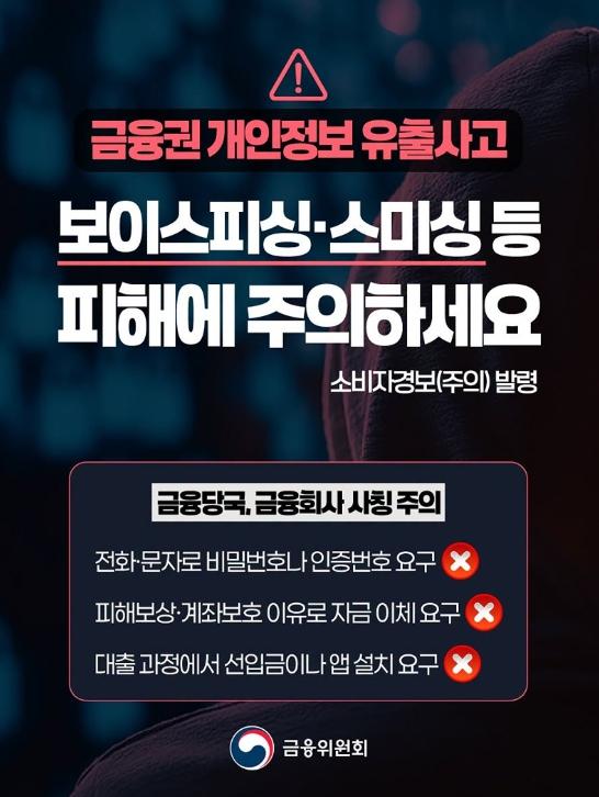 금융위원회, 금융권 개인정보 유출사고, 보이스피싱·스미싱 등 피해에 주의하세요