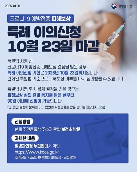 질병관리청, 코로나19 예방접종 피해보상, 특례 이의신청 10월 23일 마감