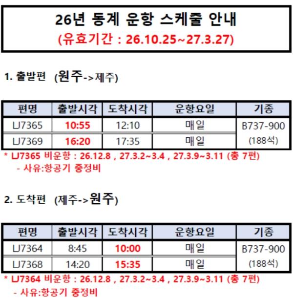 원주공항, 동계 제주 항공편 운항 일정 조정 기사 이미지
